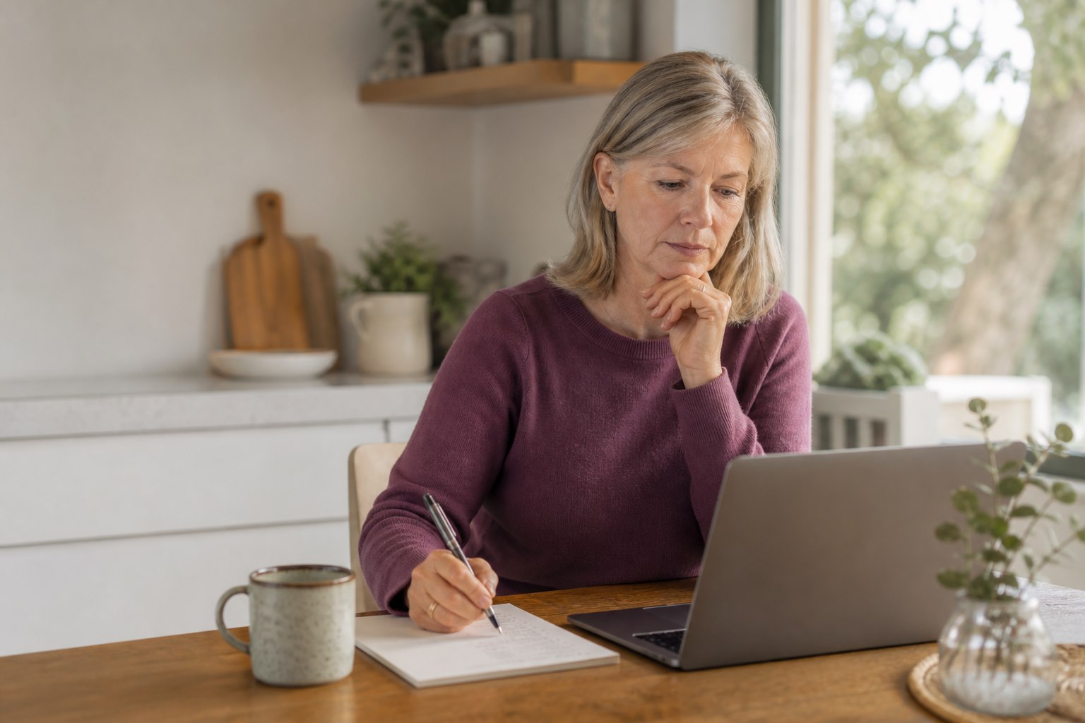 Woman over 50 noting an on-screen instruction beside her laptop